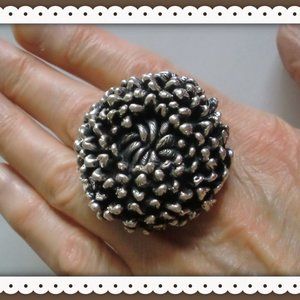 Art Deco Aster Flower Shaped Silver 925 Massive Dome Cocktail Ring Size 8.75